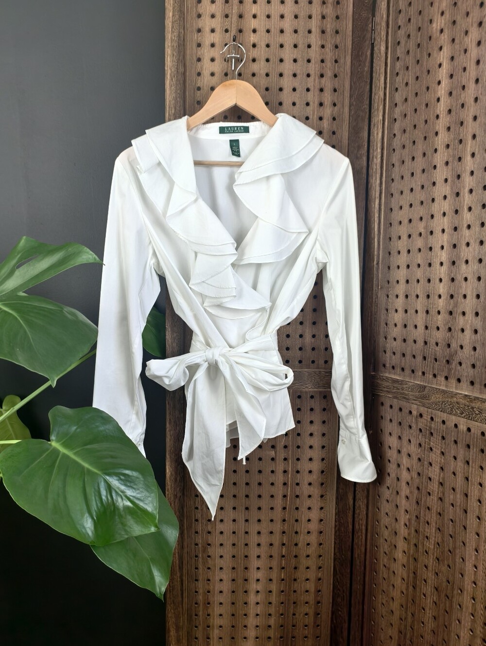 Lauren Ralph Lauren White Ruffle Wrap Blouse with Tie Waist